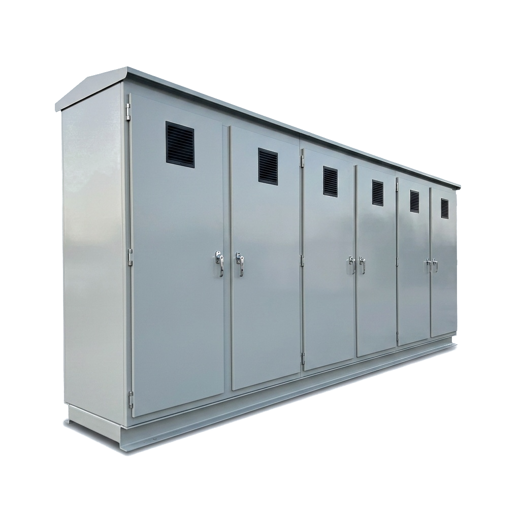 Multi-bay control cabinet with louvered vents and three-point latches, fabricated by FabTek Industries